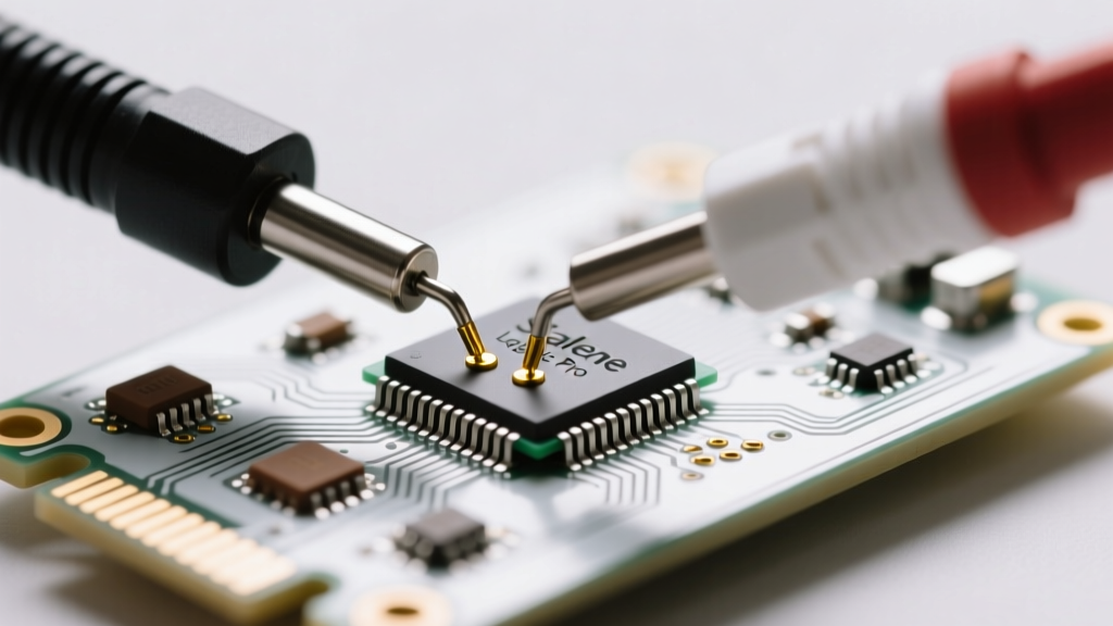 Hands connecting Saleae Logic Pro 8 test clips to SPI flash memory chip pins on an IoT circuit board under bright LED lighting