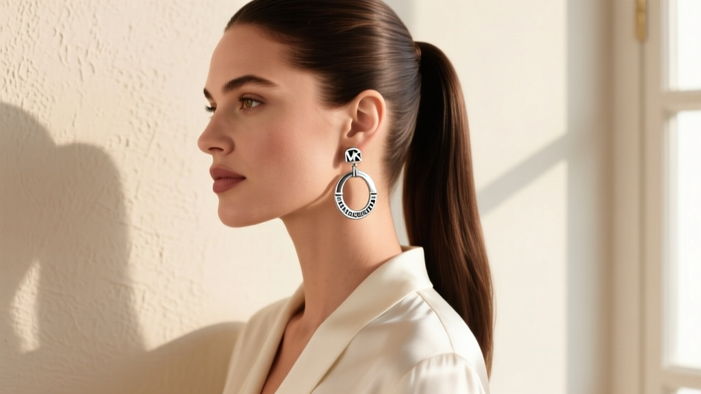 Woman with a round face wearing elongated Michael Kors drop hoops, styled with a sleek updo against a soft beige wall backdrop