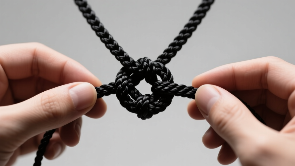 Close-up of hands tying a black macramé sliding square knot over a braided nylon necklace cord, studio lighting, sharp focus