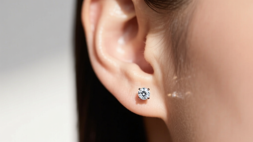 Modest 4mm diamond stud earring in a pierced earlobe, highlighting elegant styling under soft, warm, natural window daylight.
