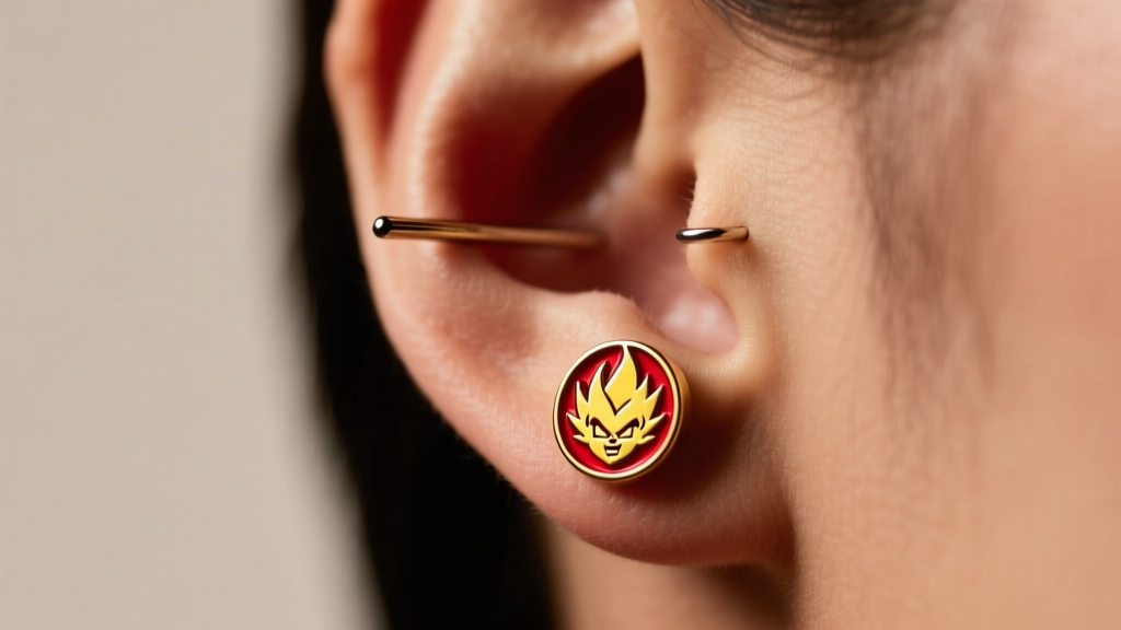 Side profile of an 18-gauge titanium Dragon Ball stud earring in an upper helix cartilage piercing under warm studio lighting.