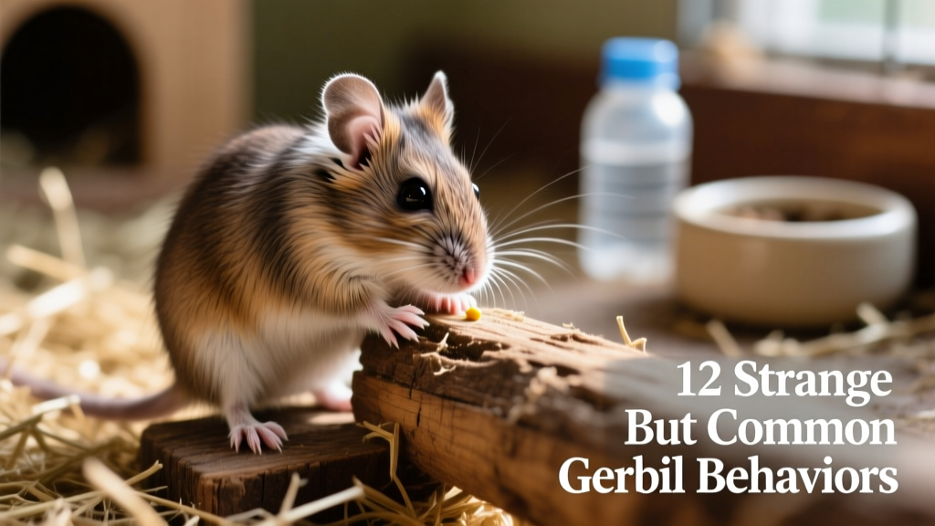 Close-up of a gerbil rubbing its belly against a wooden perch, showing scent-marking behavior