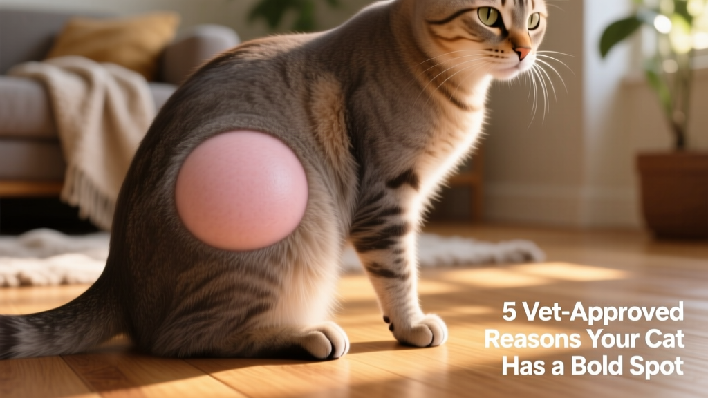 Close-up of a cat’s flank showing a well-defined, round bald spot with smooth, slightly pink skin