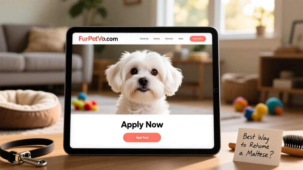 A well-lit, friendly screen showing a Maltese profile on FurPetVo.com with photos and 'Apply Now' button