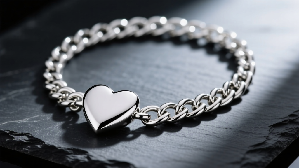 Macro shot of a solid sterling silver chunky heart necklace on dark slate, showing a thick 4mm curb chain and polished surface.