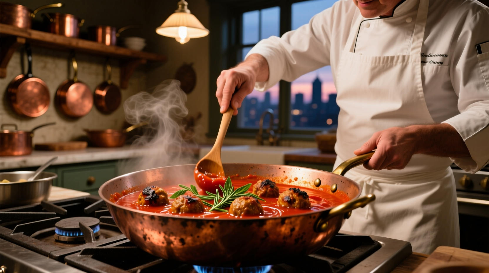 Chef stirring rich tomato sauce with meatballs in copper pot