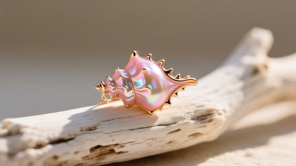 Vibrant pink conch pearl pendant in 18k rose gold on white driftwood, with soft sunlight highlighting its unique flame structure