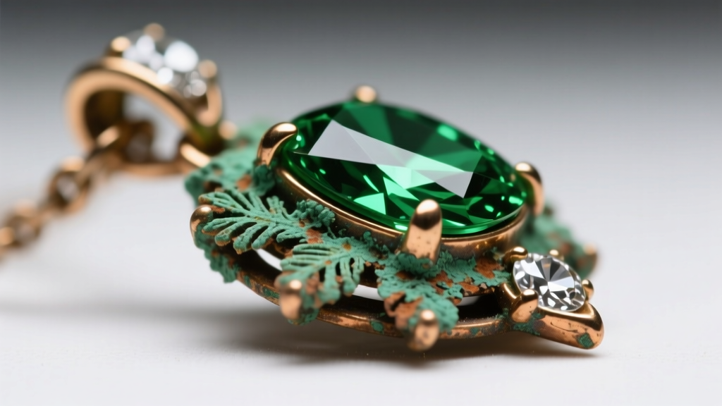 Macro shot of green verdigris corrosion on the brass prongs of a vintage rhinestone pendant under bright studio lighting