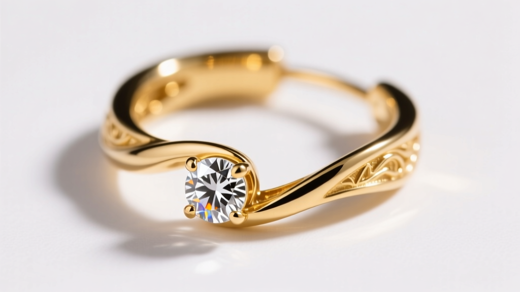 Close-up of 18k gold dancing diamond earring track with a 0.15ct round diamond resting at the bottom curve in soft studio lighting
