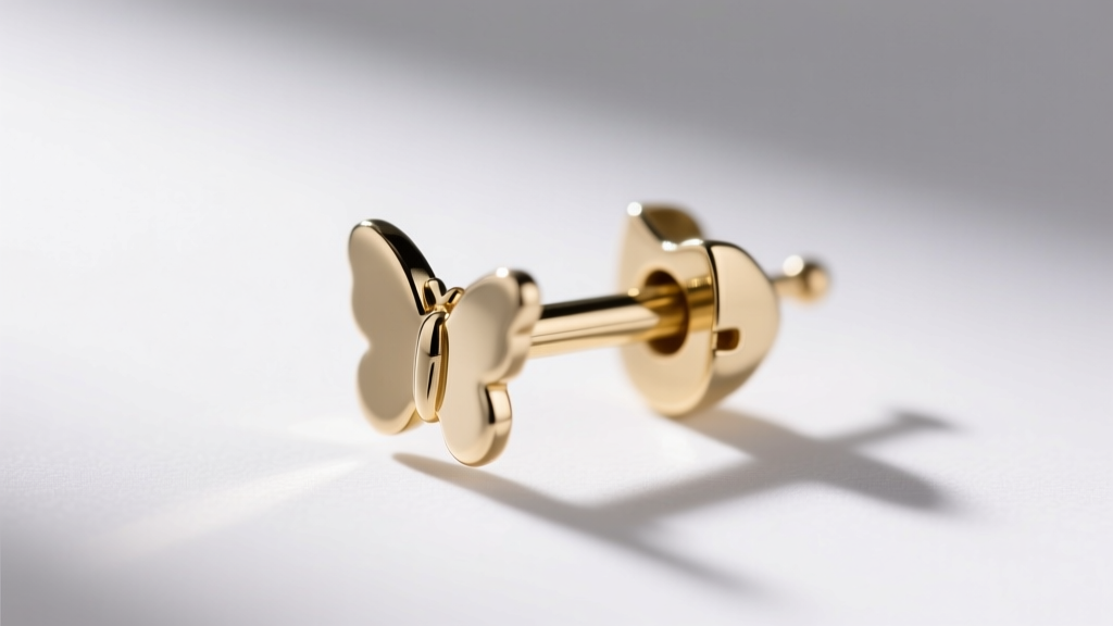 Close-up of a 20-gauge white gold earring post showing tension notches and a classic butterfly friction back sliding into place.