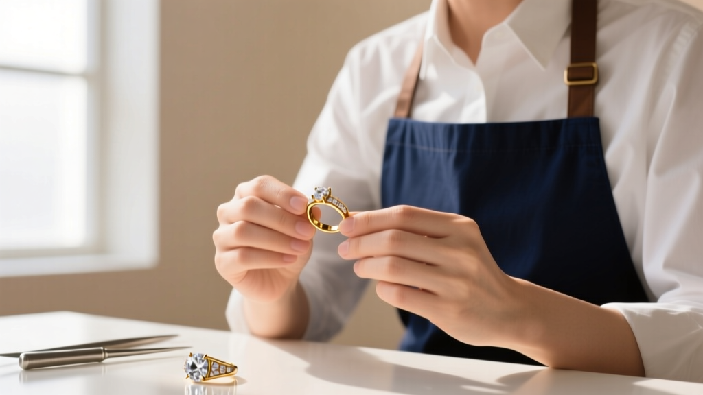 A jeweler's loupe magnifying the tiny 585 hallmark stamp on the inside shank of a polished 14k yellow gold wedding band.