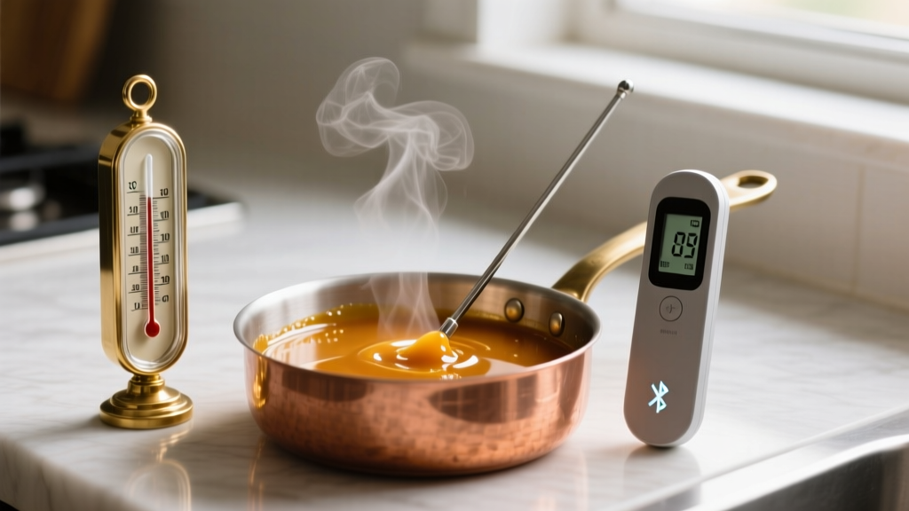 Traditional analog candy thermometer next to a modern wireless Bluetooth thermometer probing a bubbling copper pan of caramel sauce