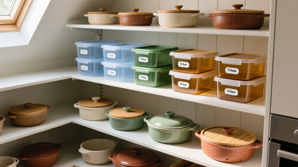 Overhead view of organized pantry shelf featuring clear stackable Tritan containers and ceramic bakeware with bamboo lids