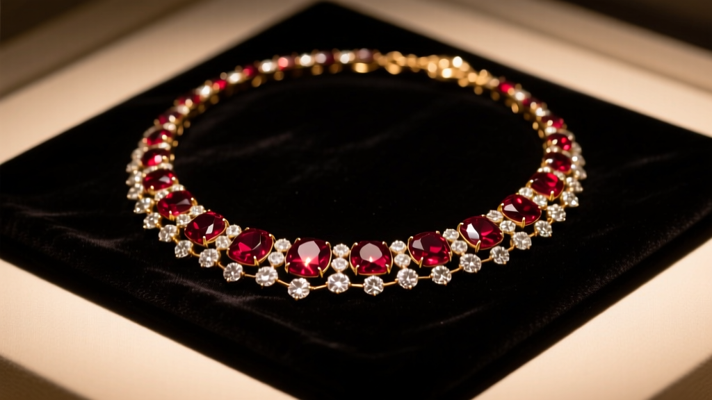 A Georgian foil-backed garnet and rose-cut diamond necklace resting on dark velvet under warm, dramatic museum lighting.