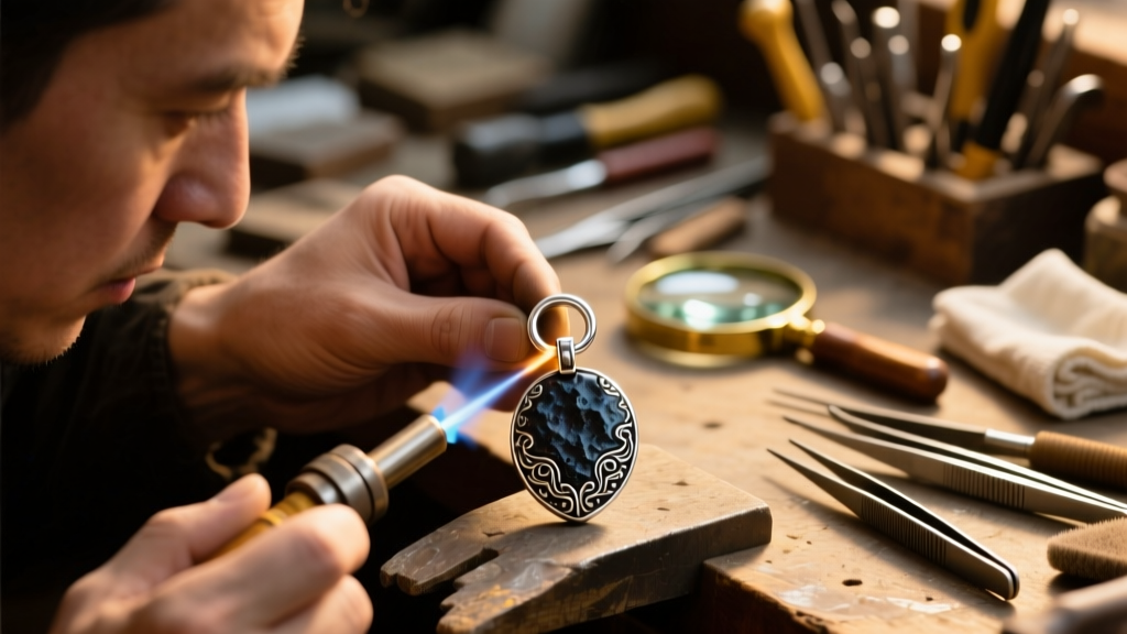 Jeweler using a torch to solder a plain sterling silver loop bale onto a heavy oxidized pendant, workbench background, warm tones
