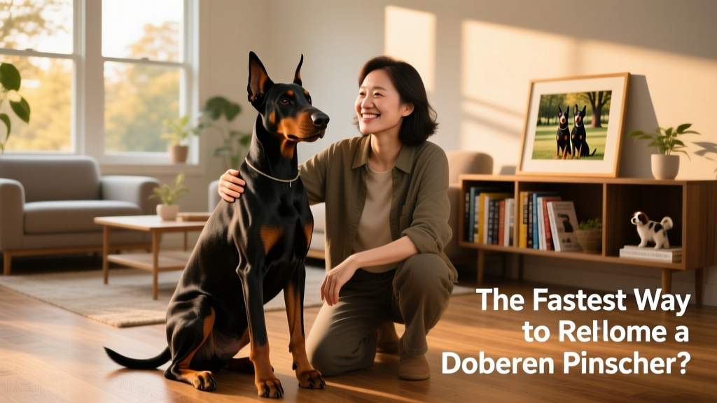 A calm, well-groomed Doberman Pinscher sitting beside a smiling adult in a sunlit living room