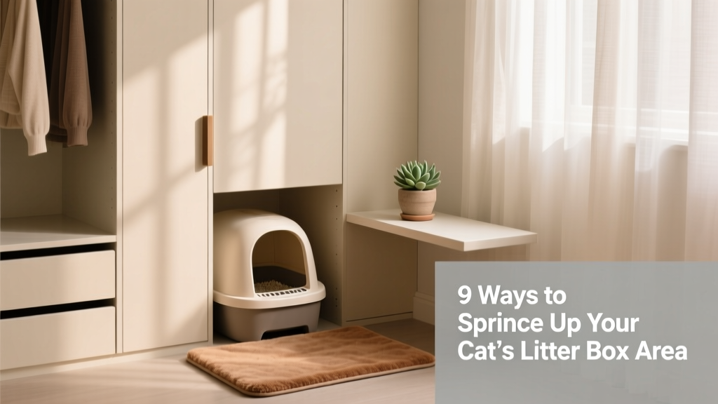 A stylish, minimalist litter box area tucked into a small closet with soft lighting and a matching mat