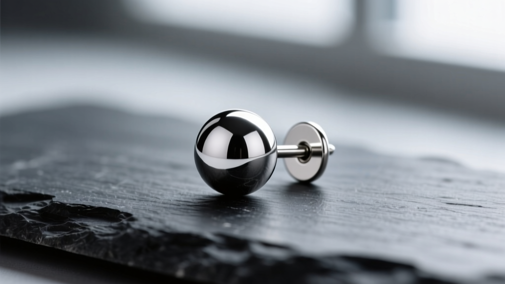Close-up of a polished 316L surgical steel ball stud earring on dark slate, highlighting the mirror finish and 18-gauge post.