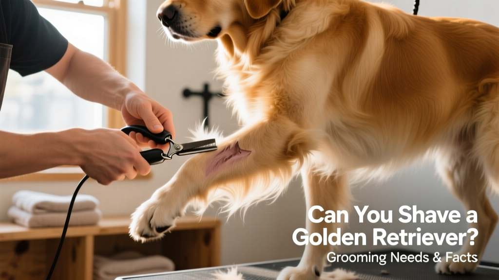 Close-up of a groomer carefully using clippers on a Golden Retriever’s leg, avoiding full skin exposure