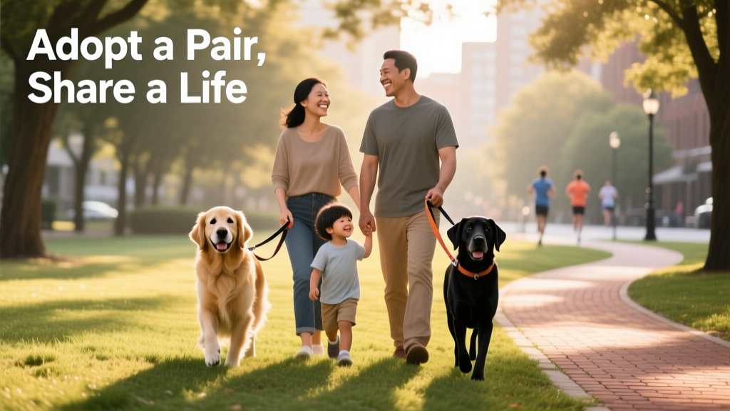 A family smiling as two dogs walk calmly beside them on leashes during a park stroll
