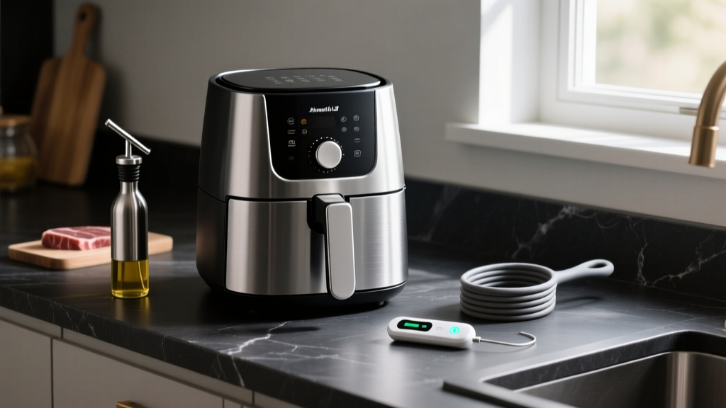 Basket air fryer surrounded by mechanical oil mister, silicone lifting sling, and wireless meat probe on a dark slate kitchen counter