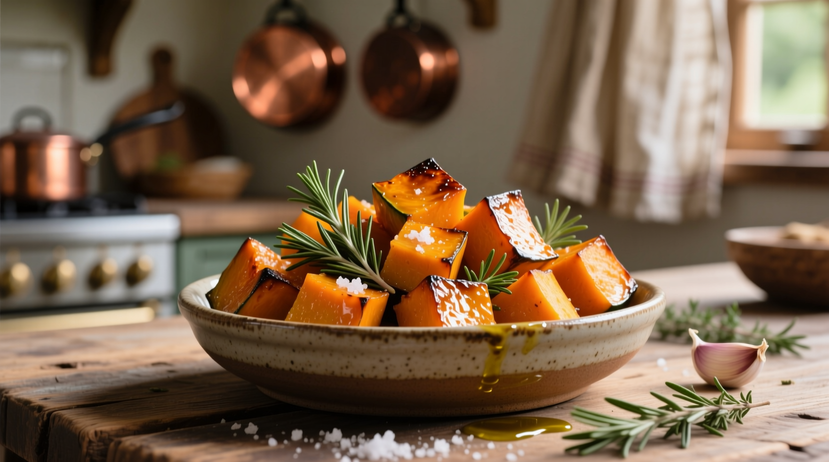 Roasted butternut squash cubes with herbs