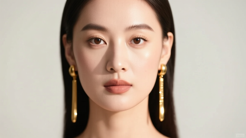 Portrait of a woman with a round face wearing long gold drop earrings that visually lengthen her jawline in soft light