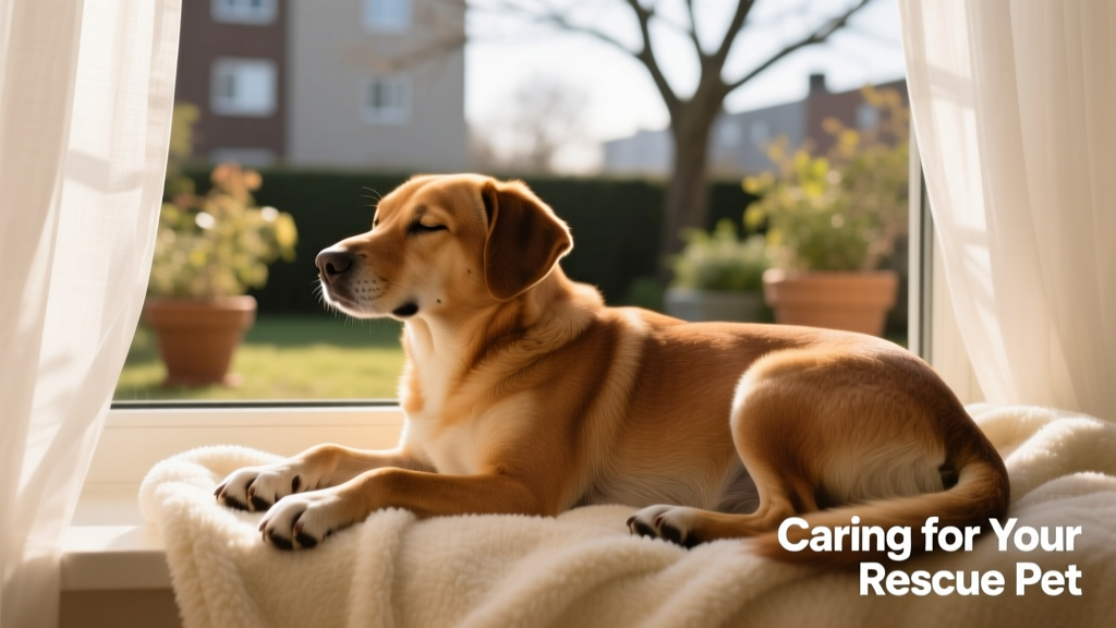 A relaxed rescue dog curled up on a soft blanket beside a window, looking calm and content