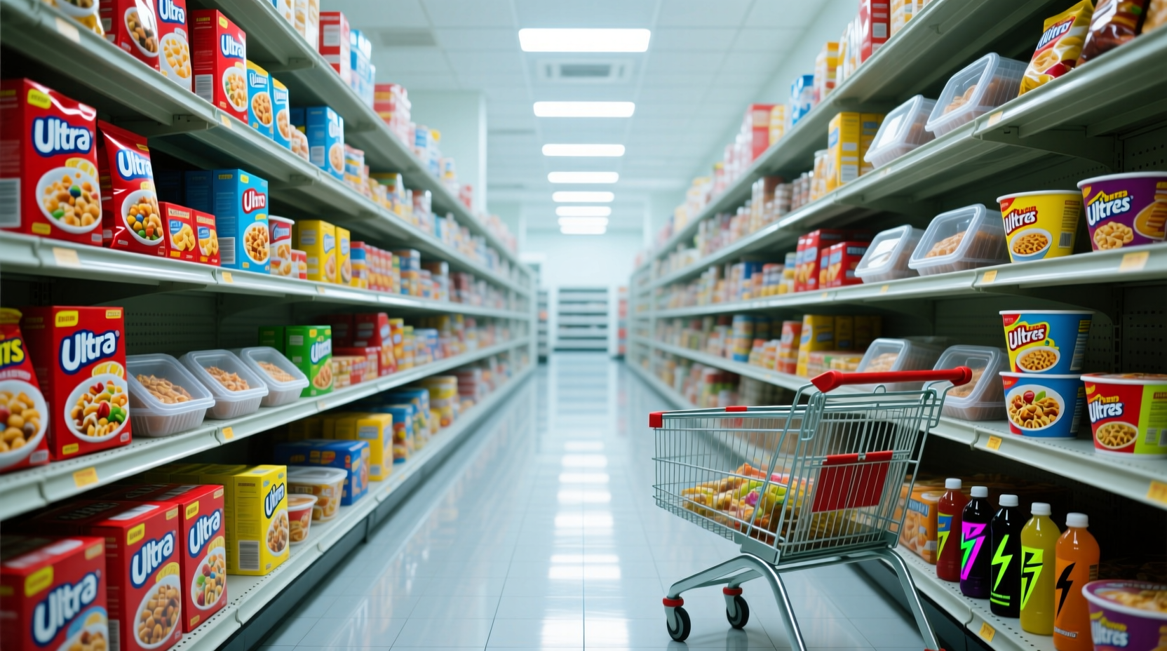 Grocery store aisle with ultra-processed food products