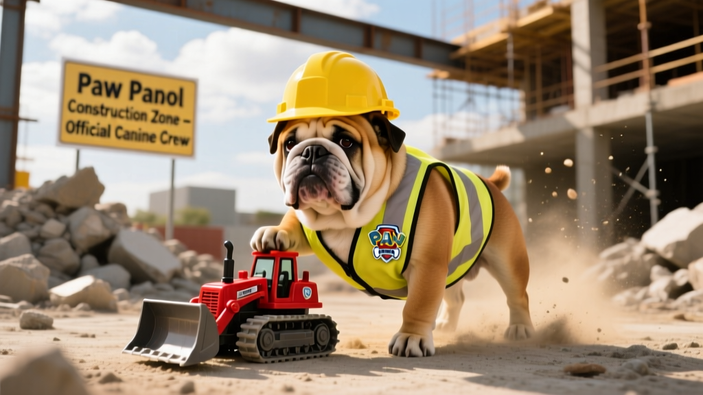 Rubble the Bulldog wearing a hard hat and operating a mini bulldozer on a construction site