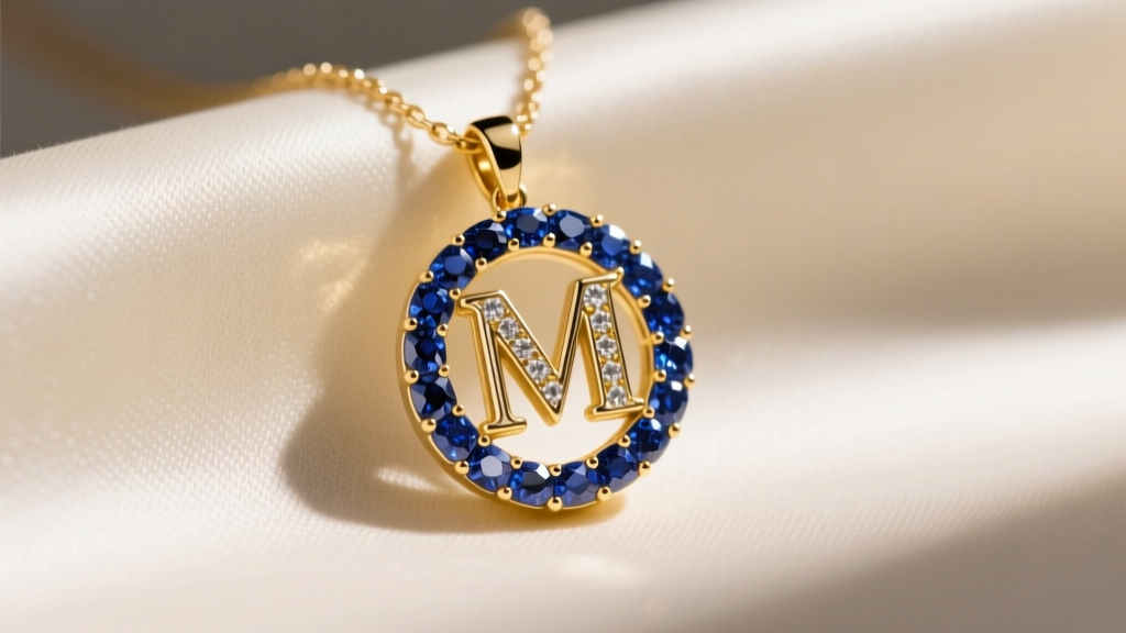 Close-up of a 14k yellow gold necklace featuring a sapphire-encrusted letter M pendant resting on soft cream silk fabric.