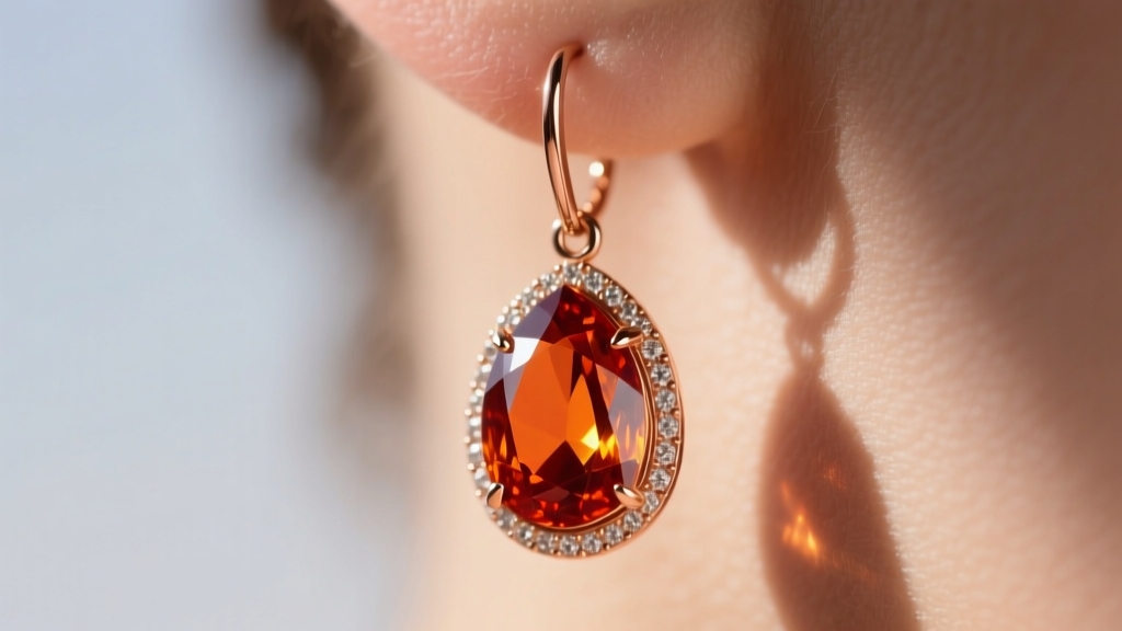 Macro shot of a bezel-set Rio Grande citrine drop earring in rose gold, highlighting the deep orange-red hue against soft skin.