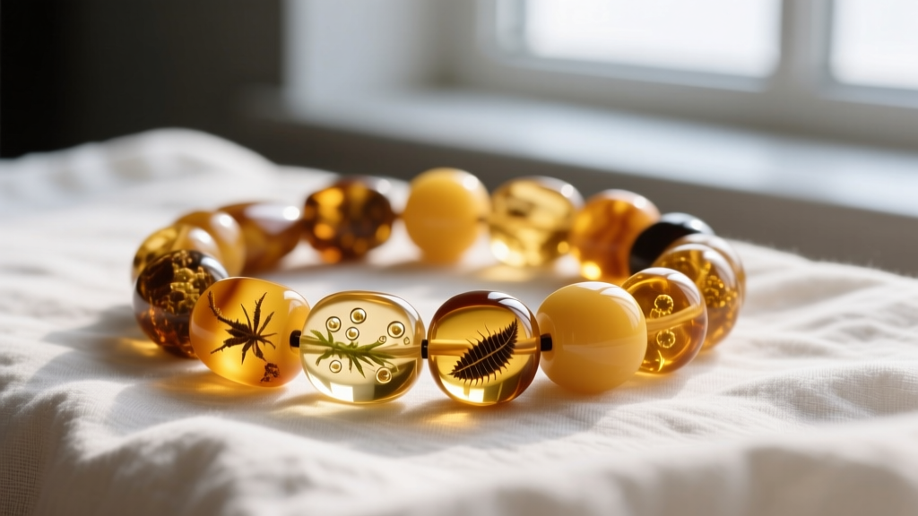 Macro photography of raw and polished Baltic amber teething beads showing internal inclusions, resting on a soft white linen cloth