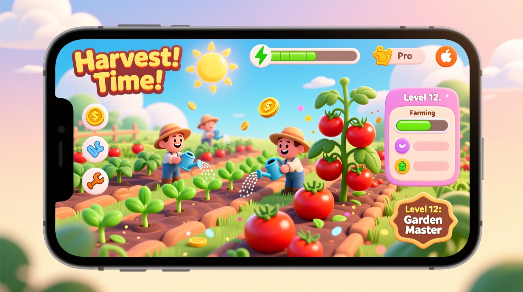 Mobile screen showing tomato farming game interface with colorful crops