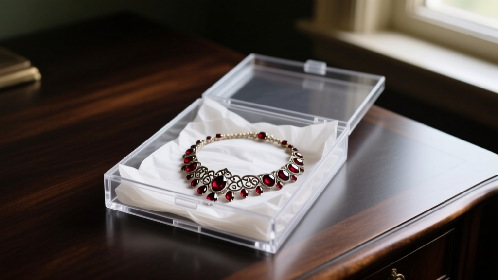 Victorian garnet necklace on acid-free tissue in a polypropylene archival box on a dark desk illuminated by soft natural light.