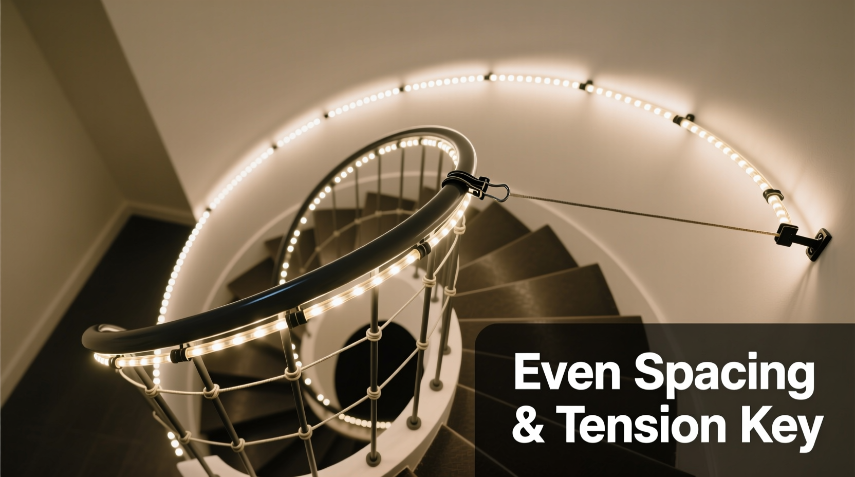 how to wrap lights around a spiral staircase railing without uneven spacing or sagging