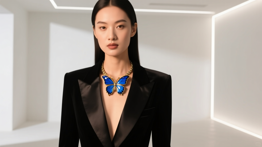 Model in a deep V-neck black blazer wearing a large enamel butterfly necklace at the collarbone, lit by soft warm portrait lighting.