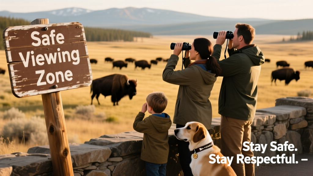 A family watching bison from a scenic overlook, binoculars in hand, with a 'Safe Viewing Zone' sign visible in the foreground