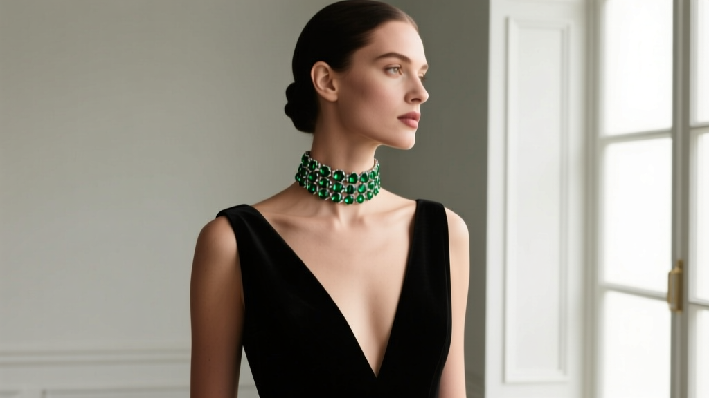 Woman wearing a bold green emerald choker necklace with a deep V-neck black evening gown, showcasing ideal collarbone placement.
