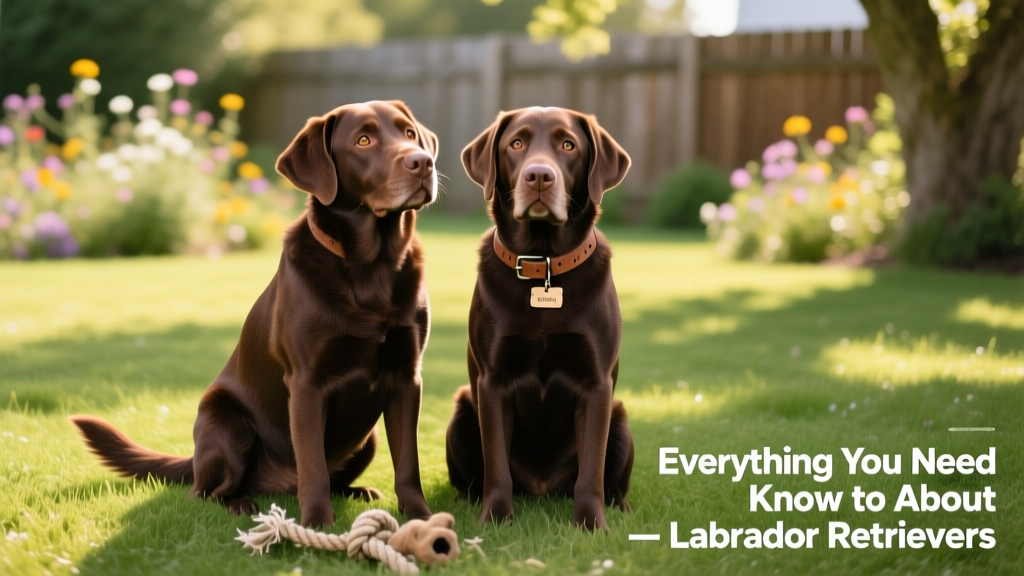Two friendly chocolate Labrador Retrievers sitting side-by-side on grass