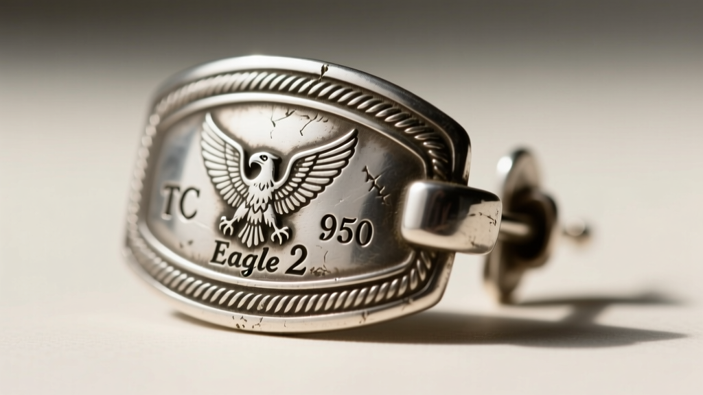 Extreme close-up of a vintage Mexican silver earring clasp showing the stamped Eagle 2 mark, TC stamp, and 950 silver hallmarks.