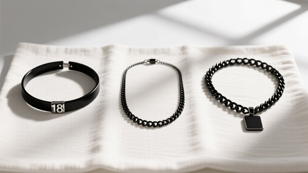 Flat lay of three black mens necklace lengths: 18-inch choker, 22-inch chain, and 28-inch pendant chain on neutral linen fabric.