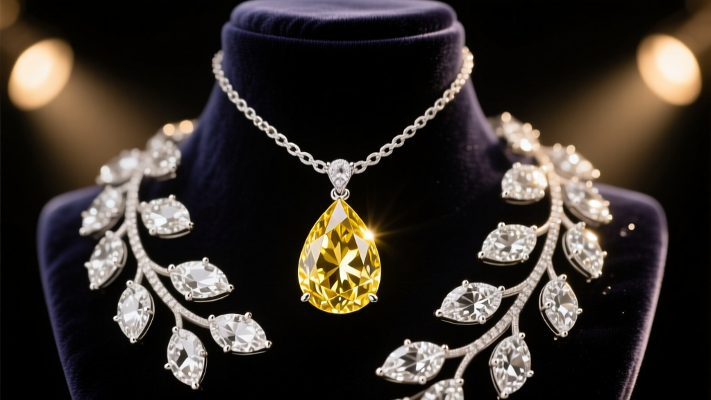 A 60-carat pear-shaped yellow diamond pendant with white diamond leaves on a dark velvet bust under warm gallery spotlights
