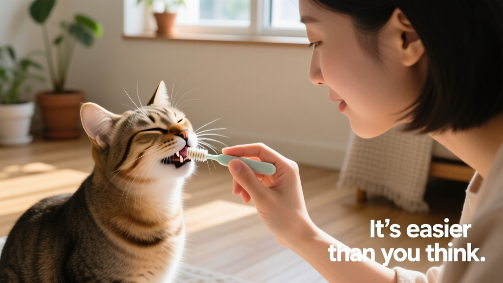 Side-view photo of a person gently brushing a relaxed cat’s teeth with a finger toothbrush, both calm and focused