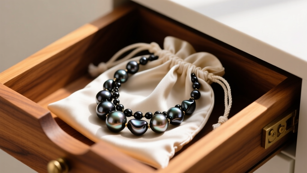 Open breathable silk pouch holding a knotted Tahitian black baroque pearl necklace, resting inside a cedar-lined wooden drawer.