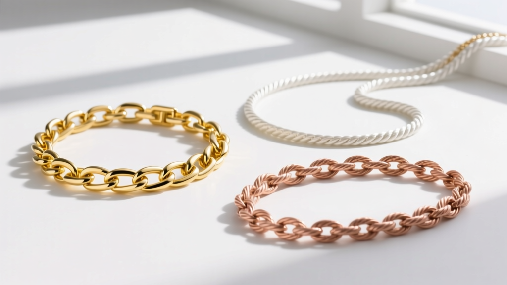 Three chain styles laid flat: a delicate 14k yellow gold box chain, a white gold rope chain, and a rose gold cable link chain.