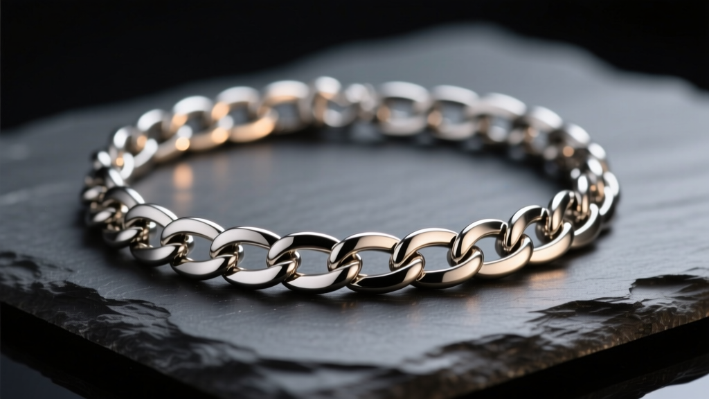 Macro shot of a polished Grade 2 titanium curb chain necklace resting on dark slate, reflecting soft, warm studio lighting.