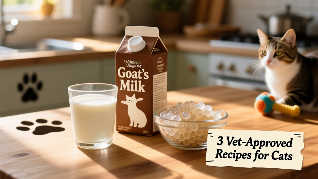 A small glass of creamy, off-white milk kefir next to a goat’s milk carton and kefir grains