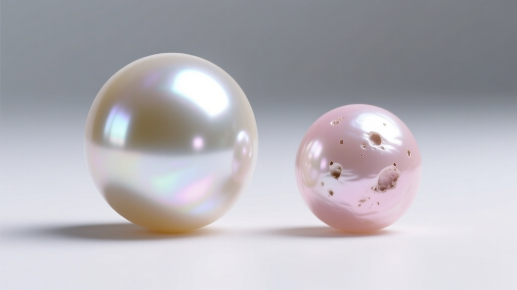 Macro shot comparing a blemished freshwater pearl to a flawless AAA Akoya pearl with sharp mirror-like luster reflections