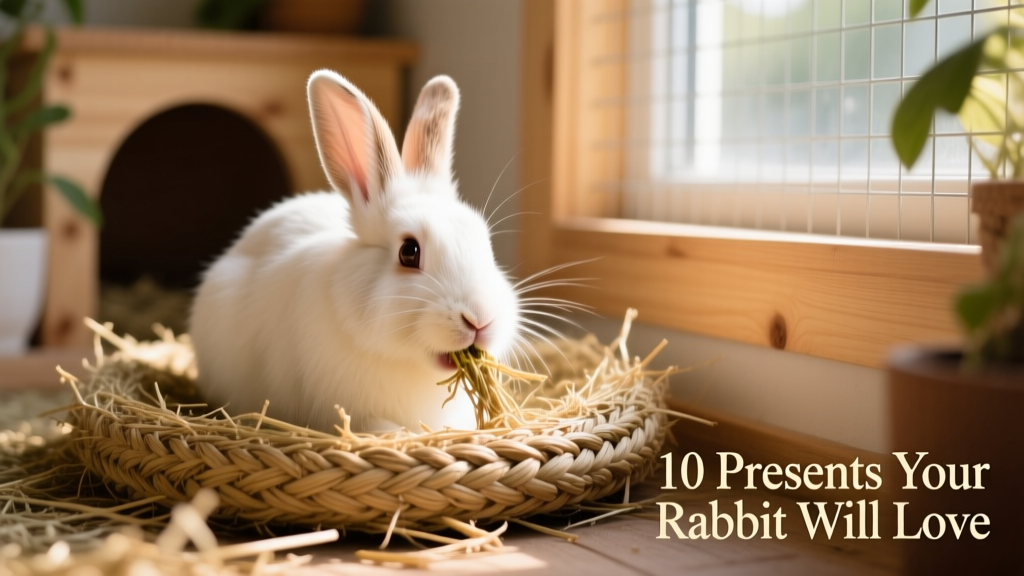 A rabbit happily chewing on a woven timothy hay mat while resting in a quiet corner of its enclosure